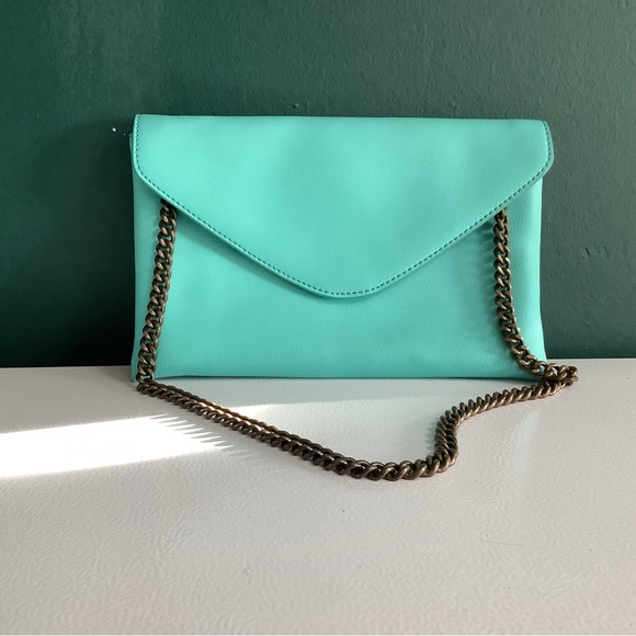 J. Crew Leather Tiffany Blue Envelope Clutch Handbag Purse - Picture 3 of 16